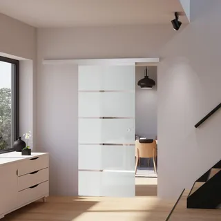 inova Glasschiebetür 75,5 x 203,5 cm, Blockstreifen, Komplettset mit Griffmuschel, ohne Softclose - Grau, Weiß