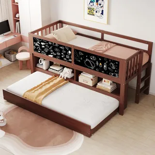 okwish Kinderbett 90x200 Halbhochbett mit Ausziehbett und Graffiti-Tafel,Kinderetagenbett Bettgestell mit Kletterleiter und integrierten Regale,ohne Matratze,braun - Braun