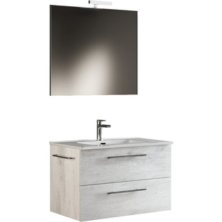 Mama Store ERA 60 Badezimmerschrank, 60 cm, Grau mit Waschbecken, Spiegel und LED-Lampe, 62 x 47 x 53 cm, Holz, Weiße Eiche, L. 62 X P. 47 X H. 53 cm