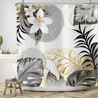 Duschvorhang Schwarz Gold Blätter 180x180 cm, ASDCXZ Abstrakt Handgemalt Weiß Blumen Tropical Blätter Waschbar Bad Duschvorhänge Wasserdicht Polyester Textil Duschvorhang für Badewanne mit 12 Hake