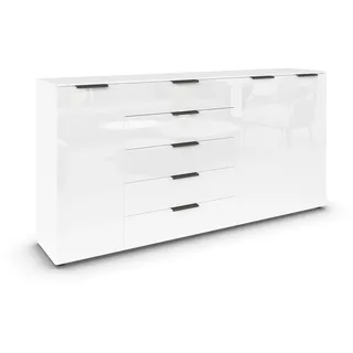 Rauch Möbel Flipp, Kommode, Farbe Glas Weiß, Breite 199 cm | Sideboard, 3-türig, 5 Schubladen, Glasfront, Soft-Close-Funktion, für Schlafzimmer, Gästezimmer, Wohnzimmer, Garderobe, Flur