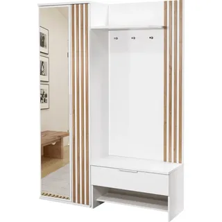 Garderobenschrank Mediolan 140, Flurgarderobe 140 x 200 x 40 cm, Kompaktgarderobe mit Tür, Spiegel, Regalen, Schuhschrank - Weiß