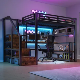 Flieks Etagenbett 140x200cm mit Schreibtisch und Ladefunktion, Hochbett mit Treppe und Hängegitter, Kinderbett Metallbett mit Led und Regal, Schwarz - Schwarz