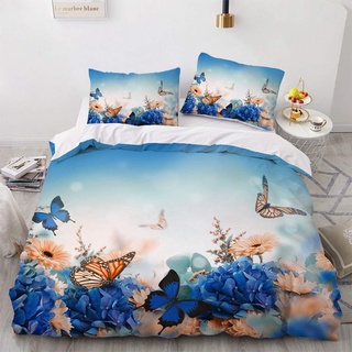 Luowei Bettwäsche 135x200cm Blau Blumen&Schmetterling Bettbezug Set 2 Teilig Weiche Microfaser Vintage Floral Schmetterlinge Bettbezug mit Reißverschluss und 1 Kissenbezug 80x80cm