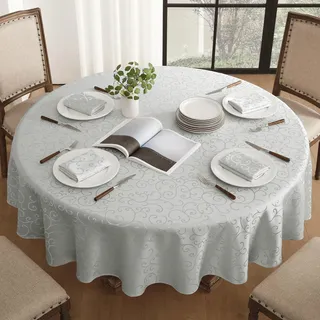 Romanstile runde Tischdecke 140 cm Grau abwaschbar Fleckenschutz wasserabweisend Damast Jacquard Ranke Tischdecken Tischtuch Table Cloth für Party,Geburtstag,Hotel,Restaurant,Bar,Frühling,Outdoor