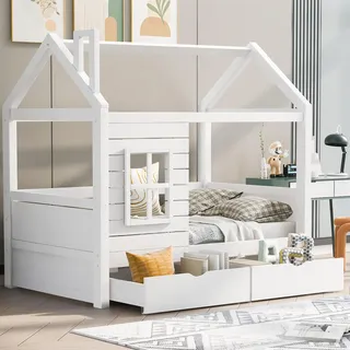 FAVSH Kinderbett Hausbett 80x160 cm, Doppelbett mit Fenstern und 2 Schubladen, Kinderbett mit Dach, Massivholz Kinder Bett mit Rausfallschutz und Lattenrost, für Jungen & Mädchen (Weiß)