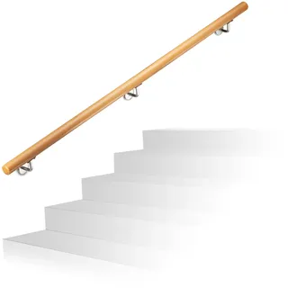 Relaxdays Handlauf Holz, Buche, 1500 mm/150 cm/1,5 m, Wandhalterung, mit Dübeln, rustikal 42 mm Durchmesser, natürlich