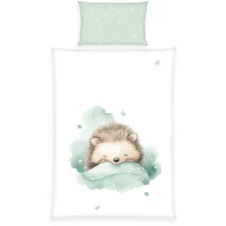 Herding babybest Bettwäsche Kleiner Igel, Kopfkissenbezug ca. 40 x 60 cm, Bettbezug ca. 100 x 135 cm, Mit Reißverschluss und Hoteleinschlag, 100% Baumwolle/Renforcé, Weiß, Grün