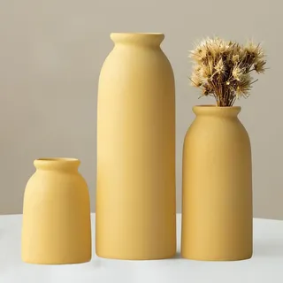 tinctotnic Keramikvase Set-3, Kleine Blumenvasen für Dekor, Moderner Boho-Bauernhaus-Stil, dekorative Vasen für Pampasgras & Trockenblumen, Used-Finish (Gelb)