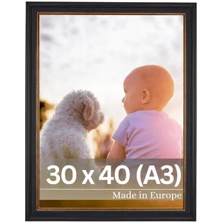 VictoR Bilderrahmen Goya schwarz gold 30x40 cm (A3) - Leiste: 31x19mm | Fotorahmen im vintage Stil mit bruchsicherem Acrylglas - Bilderrahmen A3 schwarz