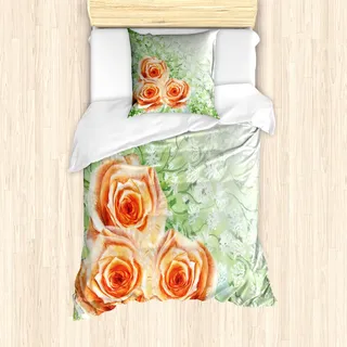 ABAKUHAUS Aquarell-Blumen Mantele, Aquarell Roses, Milbensicher Allergiker geeignet mit Kissenbezügen, 135 cm x 200 cm - 80 x 80 cm, Orange Grün