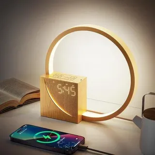Nachtlicht mit Wecker, USB-Ladeanschluss, Dimmbar, 3 Helligkeitsstufen, 10 Naturgeräuschen, für Schlafzimmer und Büro,