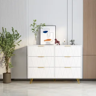 CDGlobal Kommode mit Schubladen, Schrank mit 6 Stoffschubladen, Aufbewahrungsschrank Sideboard für Schlafzimmer Wohnzimmer Flur, Metallrahmen, Industrial Stil, Vintagebraun Weiß - Weiß