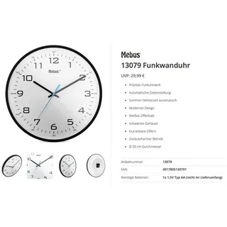 MEBUS Funk-Wanduhr 30 cm 13079 schwarz