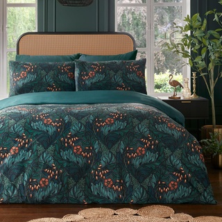 Laurence Llewelyn-Bowen Rambleicious Bettwäsche-Set, Dunkelgrün, Türkis, für Super-King-Size-Betten (220 x 260 cm), Blumen- und Farn-Druck, dunkelgrüner Samt-Bettwäschebezug