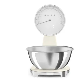 Smeg, Digitale und Analoge Küchenwaage KSF01CRWW, Abnehmbare 1,8-l-Edelstahlschüssel, vier Maßeinheiten g/ml und lb.oz/fl.oz, mit Tara-Funktion, Maximale Kapazität 5 kg, Creme
