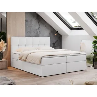 MKS Meble Boxspringbett 140x200 mit Bettkasten, Bett mit Multipocket - Matratze H3 Topper, Polsterbett 140x200 mit Bettkasten Kopfteil, Boxspringbett mit Matratze H3 - RICO - 140x200 - Weiß - Kunstleder - H3 - Weiß
