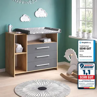 Vicco Wickelkommode Oskar Anthrazit/Goldkraft Eiche 113 x 93 cm mit 3 Schubladen , Anthrazit, Eichefarben , Holzwerkstoff , 2 Fächer , Rechteckig , 113x93x53.1 cm , Babymöbel & Kindermöbel, Babyzimmer, Wickelkommoden & Zubehör, Wickelkommoden