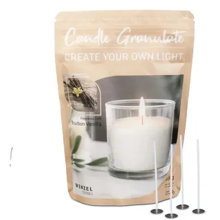 Kerzensand Bourbon Vanille Kerzen Granulat 400g - Weißes Paraffinwachs für DIY-Kerzen, Inkl. 4 Dochte & Dochthalter, Hochwertiges Kerzenwachs, Ideal für mehrere Wachskerzen, Made in Germany