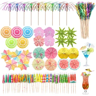 HOWAB Cocktail Deko Schirmchen Zubehör: 135 Stück Cocktailschirmchen mit Zahnstocher Holz,Papierschirmchen für Summer Party,Mini Sonnenschirm Dekoration Palmen Hawaii