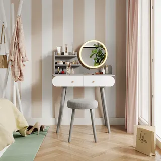 Vicco Schminktisch Edda LED-Spiegel Hocker 80 x 121 cm Grau Weiß Frisiertisch