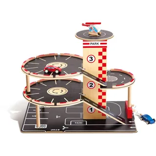 Hape Parkhaus Spielset - aus Holz, Autogarage auf DREI Ebenen mit Autos und Hubschrauber, fördert Motorik, Rollenspiel & Kreativität, Spielzeug für Kinder ab 3 Jahren