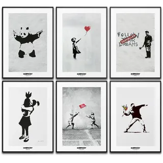 Banksy Poster Set Kunst Wanddeko Moderne Bilder Schlafzimmer Deko Wohnzimmer Dekoration Homeoffice Kunstbilder Gemälde (6x A4 | Ohne Rahmen)