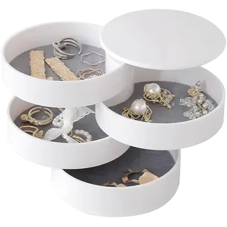 Schmuckkästchen Mädchen Schmuckaufbewahrung Schmuck Organizers, 4 Ebenen Drehbar Schmuckkästchen Klein, Innenfutter aus Samt, Schmuckkasten für Ringe, Ohrringe,Halsketten und Uhren (Weiß)