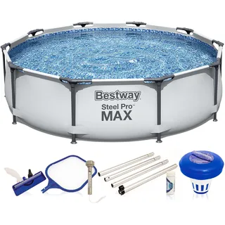 Bestway Schwimmbad Steel Pro MAX 56406 - FrameLink System - Pool - Einfacher Aufbau - 305 x 76 cm - Inkl. Reinigungsset, Grau