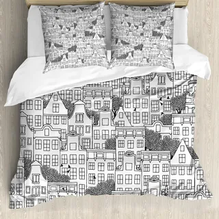 ABAKUHAUS Städtisch Bettbezug Set, Moderne Illustration Der Europäischen Art Gebäude Beschäftigten Lebenskizze Bild, 200 x 200 cm + 80 x 80 cm, Weiß Schwarz