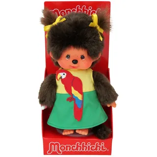OKU Monchhichi Sekiguchi 220496 - Original Monchhichi Mädchen mit Papageien-Kleid, ca. 20 cm großes Kuscheltier aus braunem Plüsch