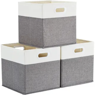 Mangata Aufbewahrungsbox 25x25x25 cm, faltenfrei Stoff Aufbewahrungskörbe für Kleiderkörbe, Körbe, Truhen, Spielzeug (3 er, Grau / Beige Weiß)