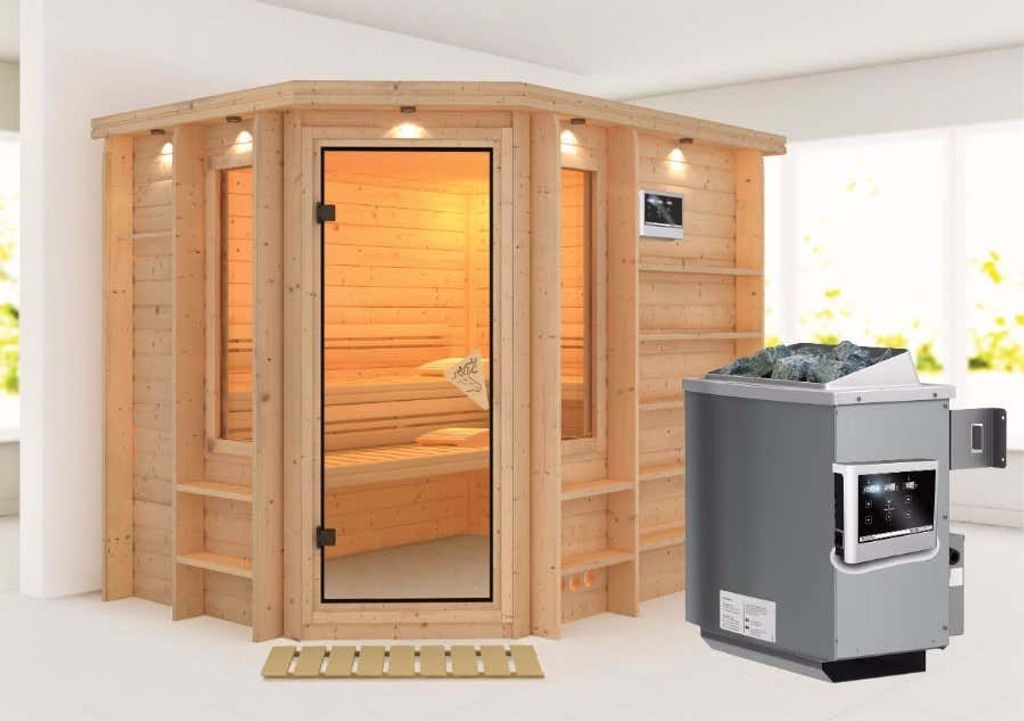 Bild von Sauna Riona 40mm Dachkranz + Ofen 9kW extern classic Tür
