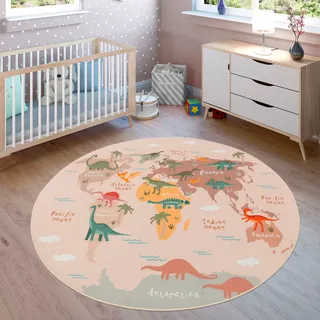 Paco Home Kinderteppich »Bino 583« rund 4 mm Höhe Spielteppich, Motiv Weltkarte & Dinosaurier, Kinderzimmer, beige