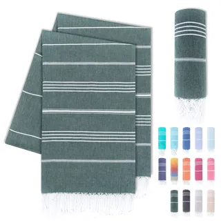 LAYNENBURG 2er-Set Premium Hamamtuch mit handgeknüpften Fransen - 100% Baumwolle - XXL Strandtuch 100x200 cm - Oeko-TEX 100 - Strandhandtuch groß - Saunatuch & Reisehandtuch (Dunkelgrün)