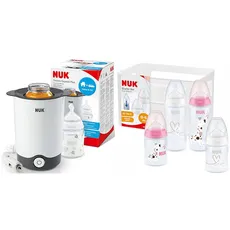 NUK Thermo Express Plus Flaschenwärmer & First Choice+ Babyflaschen Starter Set | 0–6 Monate | 4 Flaschen mit Temperature Control & Flaschenbox | Anti-Colic Air System | BPA-frei | 5-teilig | rosa