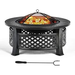 Feuerschale, Feuerstelle mit Grillrost, ? 81cm Feuerkorb mit Funkenschutz, Feuerschale für den Garten, inkl. Schürhaken, für für BBQ, Picknicks & Lagerfeuer