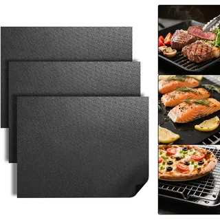 BBQ Grillmatte für Gasgrill 3er Set, 40 x 33 cm Ofenmatte Backofen Grillfolie für Holzkohlegrill, Elektronischen Grill, Hitzebeständig & Zuschneidbar Backpapier Wiederverwendbar für Gas, Grills