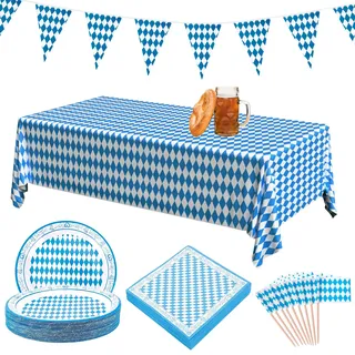 NZZVNZ 83 Stück Oktoberfest Deko Set, 40 Bayernraute Teller mit 40 Bayrische Servietten, Bayern Wimpelkette, Tischläufer und Oktoberfest Zahnstocher Flaggen Oktoberfestdeko für Bier Festival München