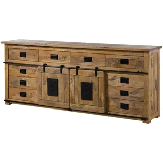 MASSIVMOEBEL24.DE Sideboard Mango Natur lackiert Railway #192 | 220x45x90 (BxTxH) 117 kg Industrial montiert vollmassiv
