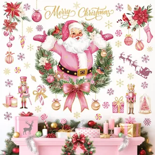 wondever Wandtattoo Weihnachtsmann Rosa Wandaufkleber Weihnachten Blumen Nussknacker Weihnachten Fenster Wandsticker Wanddeko für Party Fenster Weihnachtsdeko