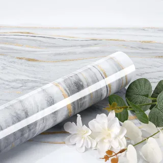 ReWallpaper Marmorfolie Selbstklebend Wand Weiß Gold 40CMx7M Weiß Grau Glänzend Möbelfolie Selbstklebend Marmor für Spritzschutz Kamin Tisch Abnehmbar Rolle Tapete Marmoroptik Badezimmer