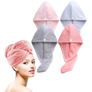 Lumimi 4 Stück Set Haarturban Kopfhandtuch aus Mikrofaser Weich Angemehm Extra Saugfähig Schnelltrocknend Praktisch mit Knopf Geschenk Rosa Grau Hellrosa Hellblau