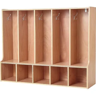 SucceBuy Offener Kinderkleiderschrank aus Sperrholz, Kindergarderobe mit 10 Haken und 10 Fächern (5 große und 5 kleine), Garderoben- und Aufbewahrungsregal für Kinderzimmer, Zuhause oder Kindergarten