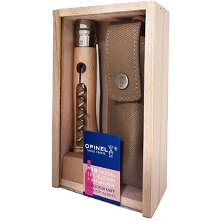 OPINEL Taschenmesser No 10 mit Korkenzieher und Kapselheber, 10 cm Edelstahl Klappmesser mit Buchenholzgriff, Virobloc, Geschenkbox mit Etui