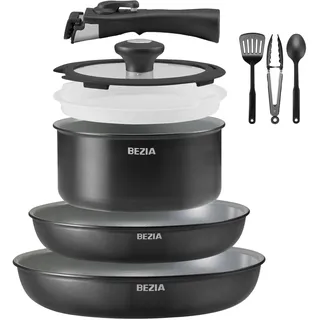 BEZIA Keramik Pfannenset mit Abnehmbarem Griff - 9 Teilig Topfset Induktion, Antihaft Pfanne mit Deckel für Camping, Kochtopf Set Für Alle Herdarten, Stapelbar Töpfe, Ofenfest Pfannen Set