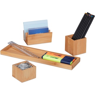 Relaxdays Schreibtisch Organizer, Büro Set 4-teilig, Stiftehalter, Ablage, Briefhalter, Utensilien Schale, Bambus, Natur, H x B x T: ca. 6,8 x 30,5 x 8,5 cm