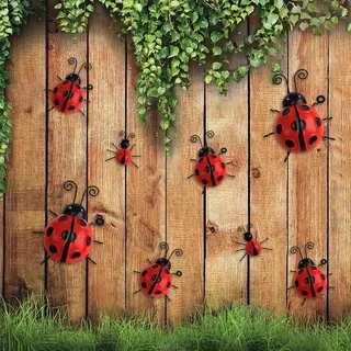 RETON Marienkäfer-Gartendekoration aus Metall, Marienkäfer, Gartenornamente, Outdoor, niedliche Marienkäfer, Wandkunst, 3D-Skulptur, Hofdekoration, Eisenkäfer, Insekten, Skulpturen für Zaundekoration