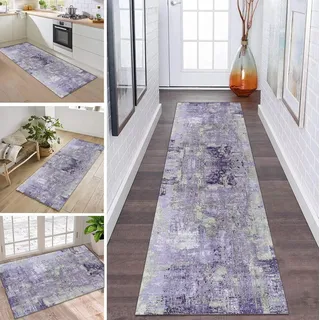 ZDYHMrj Läufer Teppich Lang Flur rutschfest Waschbar Küche Korridor Teppichläufer Lila Grau 60X180CM Lange Teppichmatten Küchenläufer Wohnzimmer Kinderzimmer Anpassbare Küchenteppich Meterware