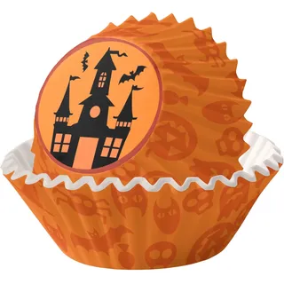 MOMAHUA 100 Stück Halloween Muffinförmchen Papier, Oranges Haus Muffins Backförmchen, Papierbackförmchen Backformen Muffin Cupcake Formen Papier Fällen Liners Wrapper Förmchen für Backen Dessert Party